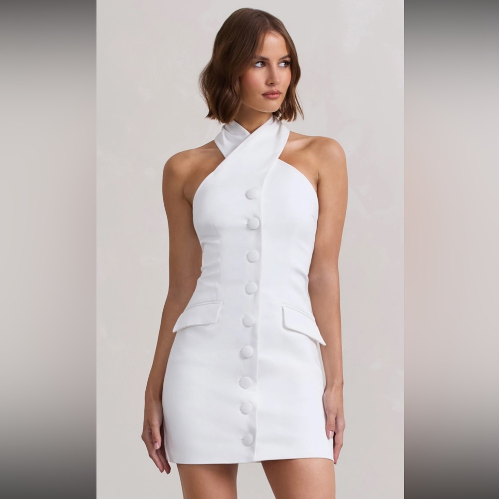 Club L London Dani White Buttoned Bodycon Halter Dress